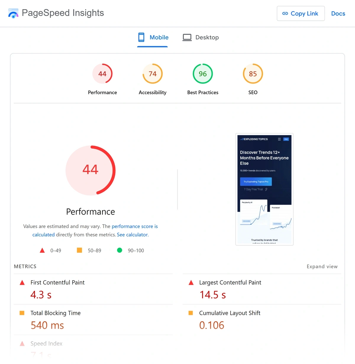 Google's Page Speed Insights report for an example page