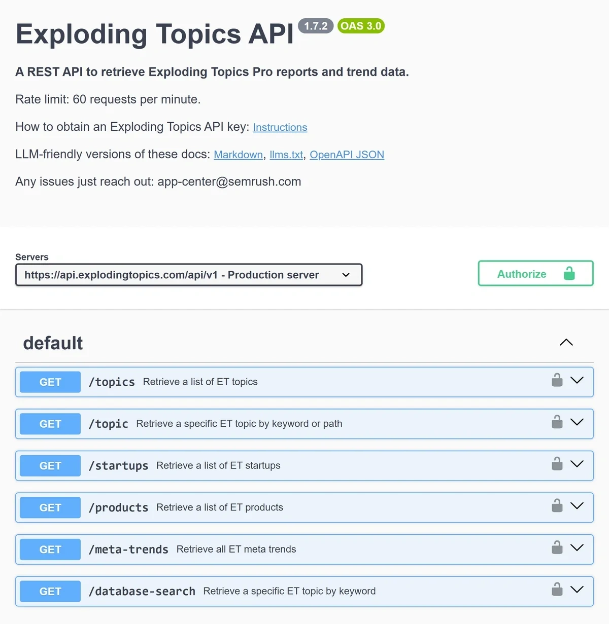 Adding your API key to Exploding Topics’ API documentation in Swagger