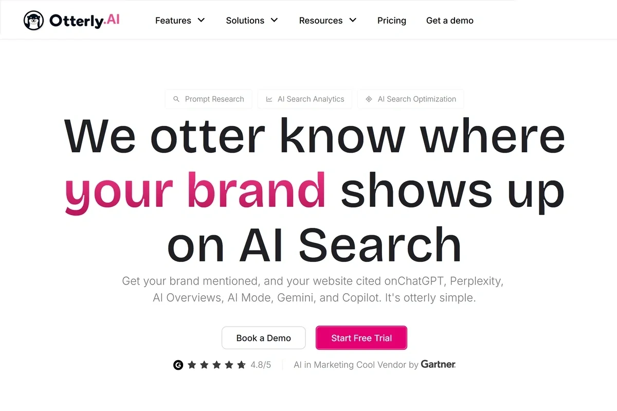 The pink and white Otterly.ai homepage reads "We otter know where your brand shows up in AI search."