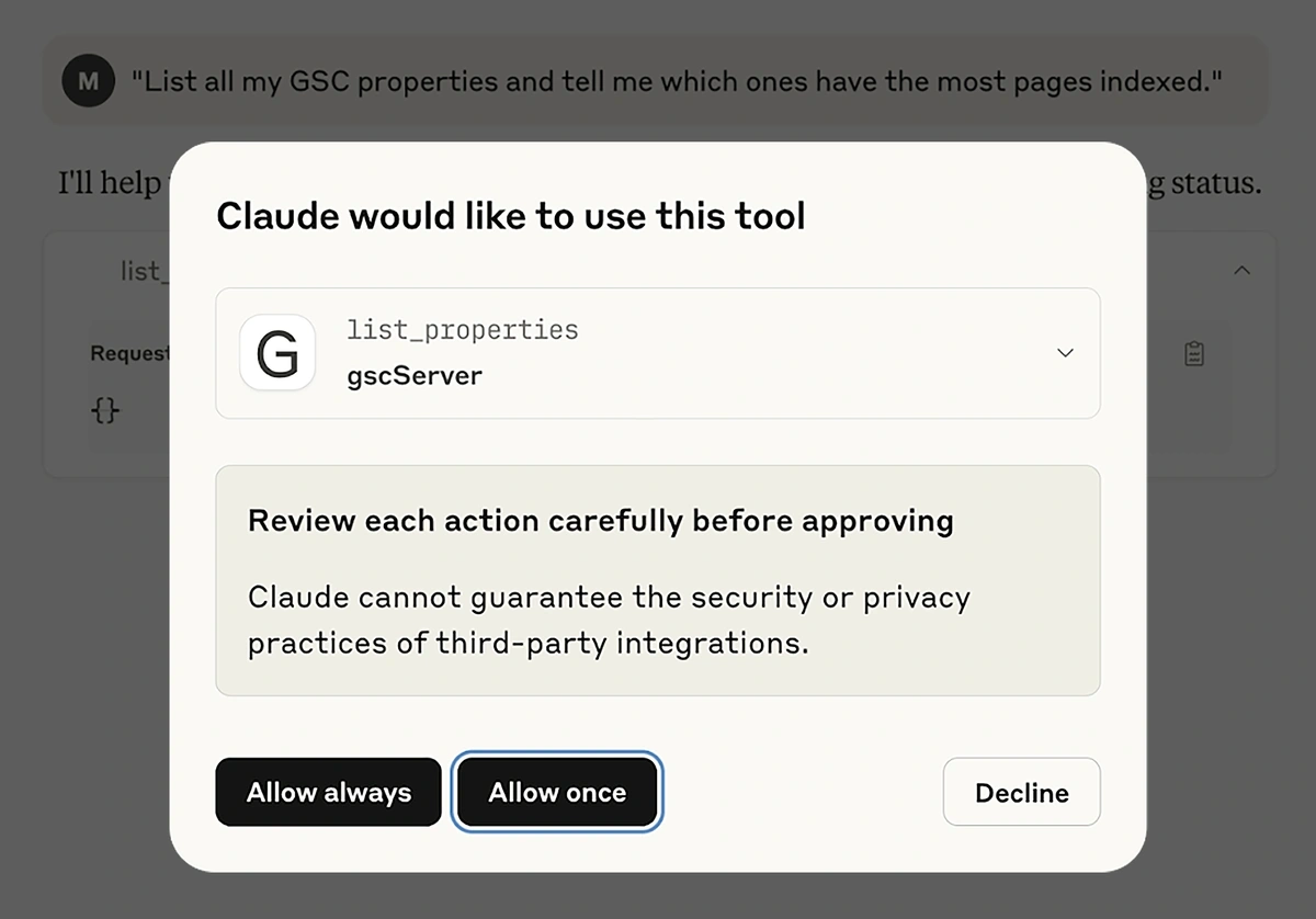 Claude request for permission to use an MCP server tool