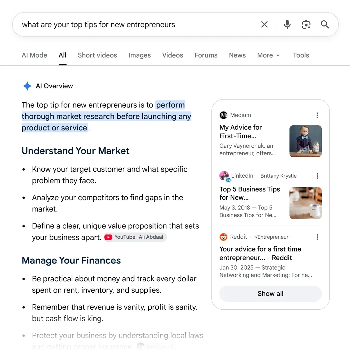 AI Overview citing Reddit for entrepreneur advice