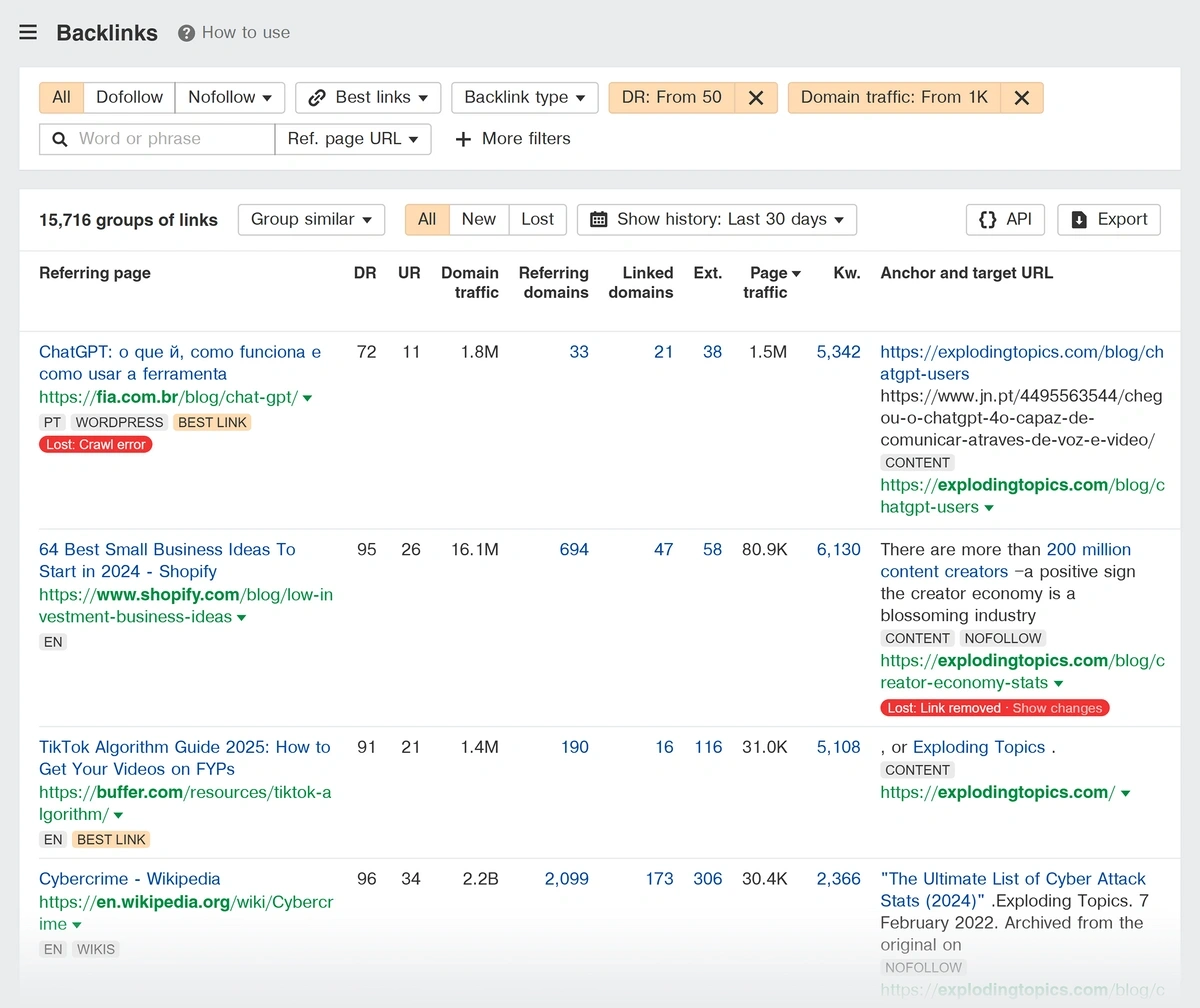 DR and Domain traffic filters for backlink analysis