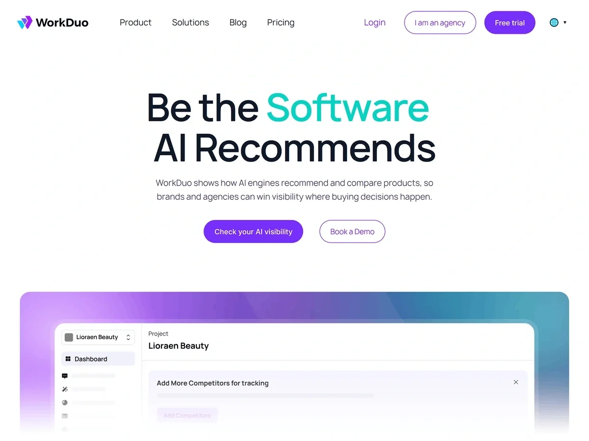 The WorkDuo homepage says "be the software AI recommends."