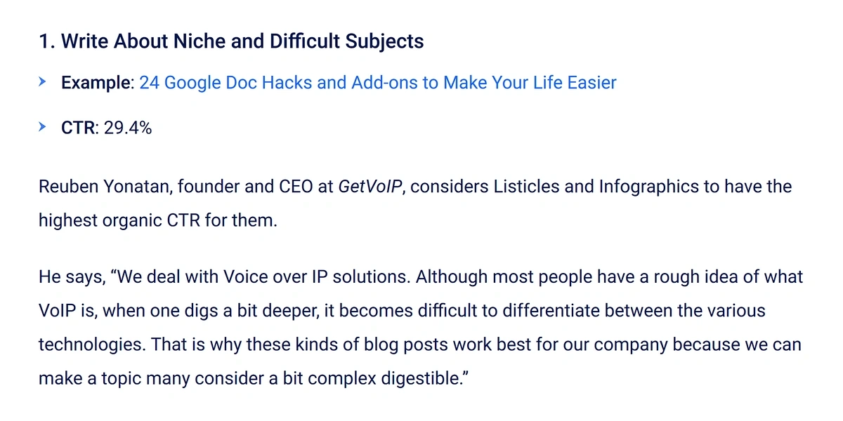 Example of original expert quotes and examples shared in a blog post