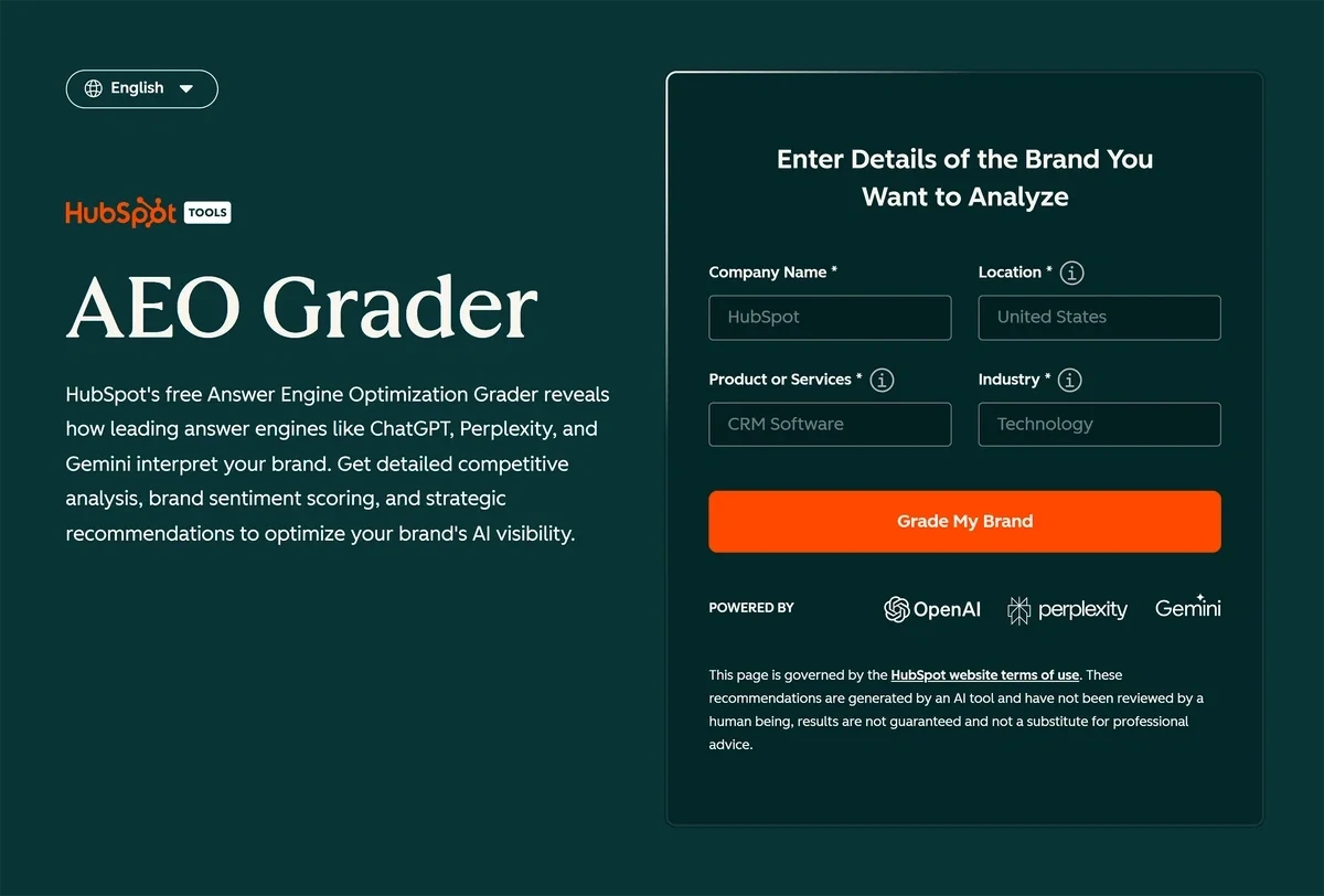 HubSpot Answer Engine Optimization Grader homepage