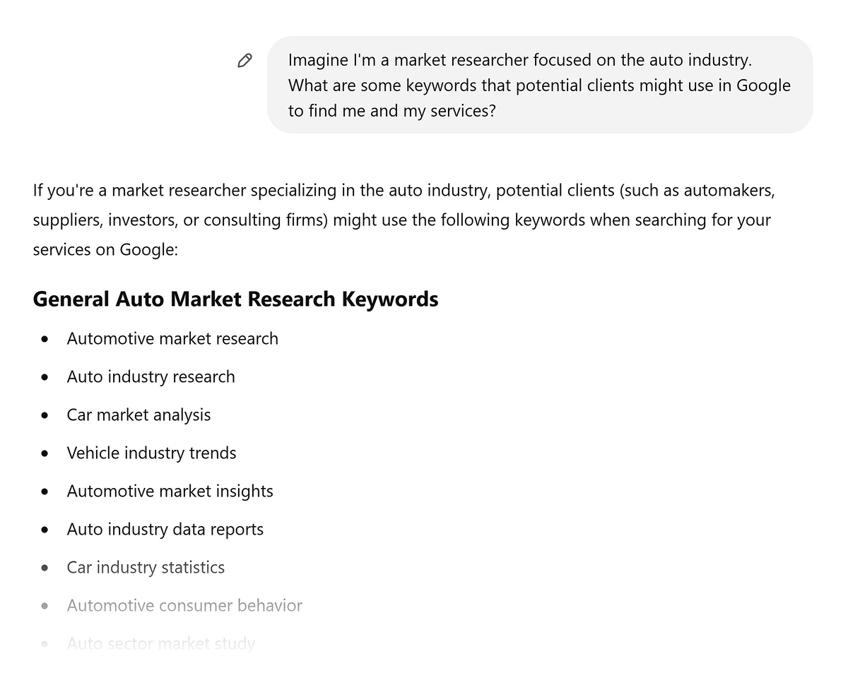 Keyword brainstorming in ChatGPT