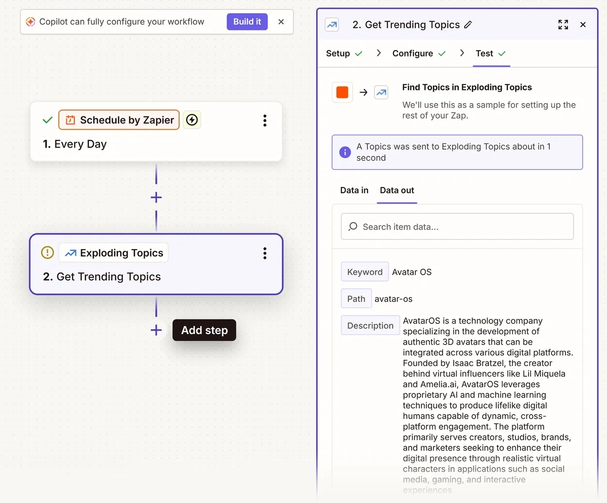 Adding a step in the Zapier workflow builder