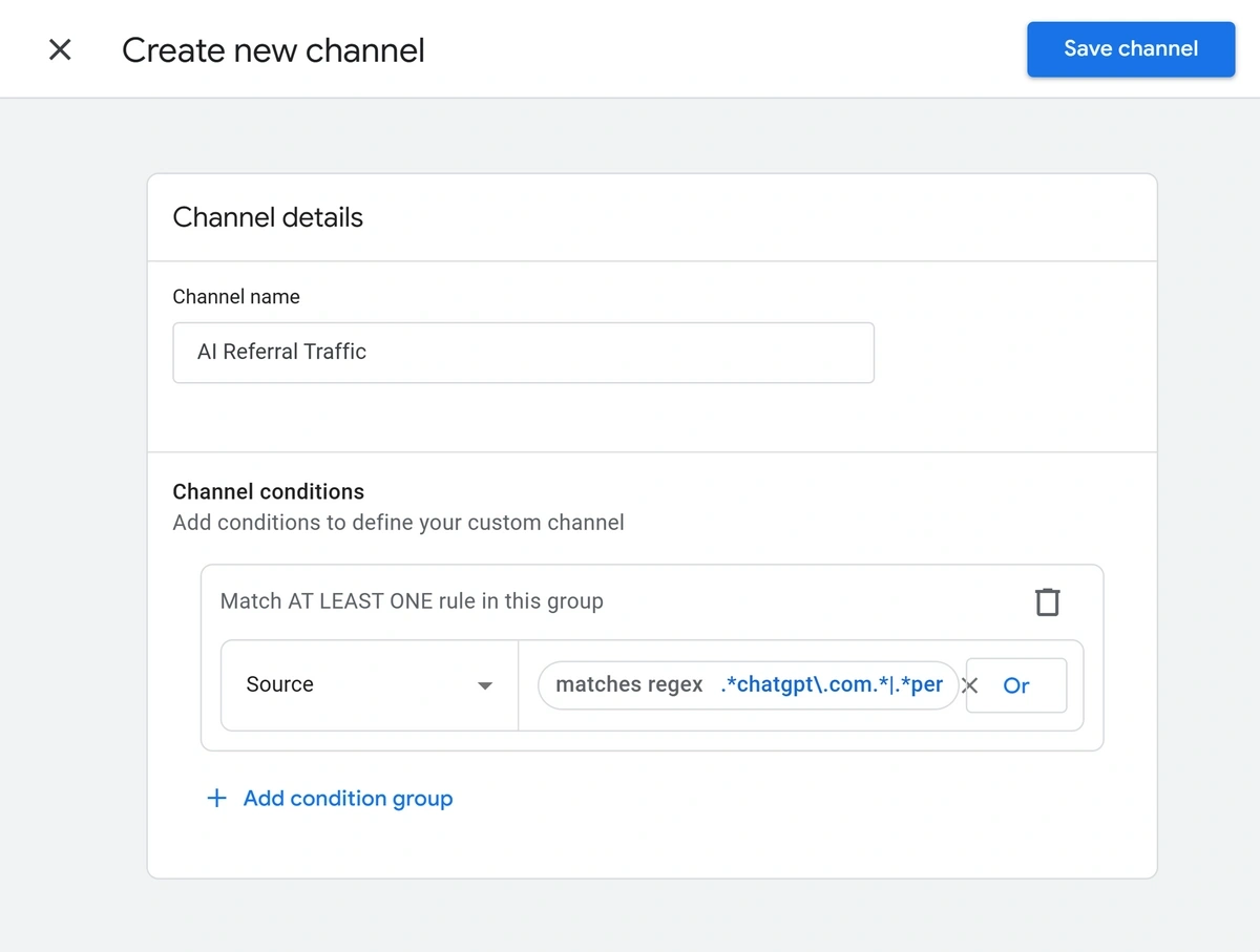 Setting up conditions for the new AI Referral Traffic channel