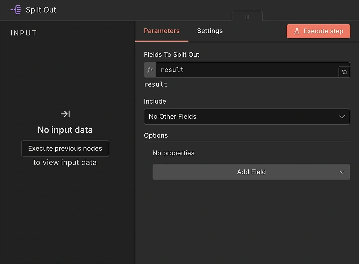 Parameters panel for the Split Out node