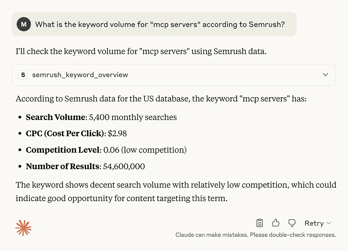 Retrieving keyword volume data from Semrush in Claude using an MCP server