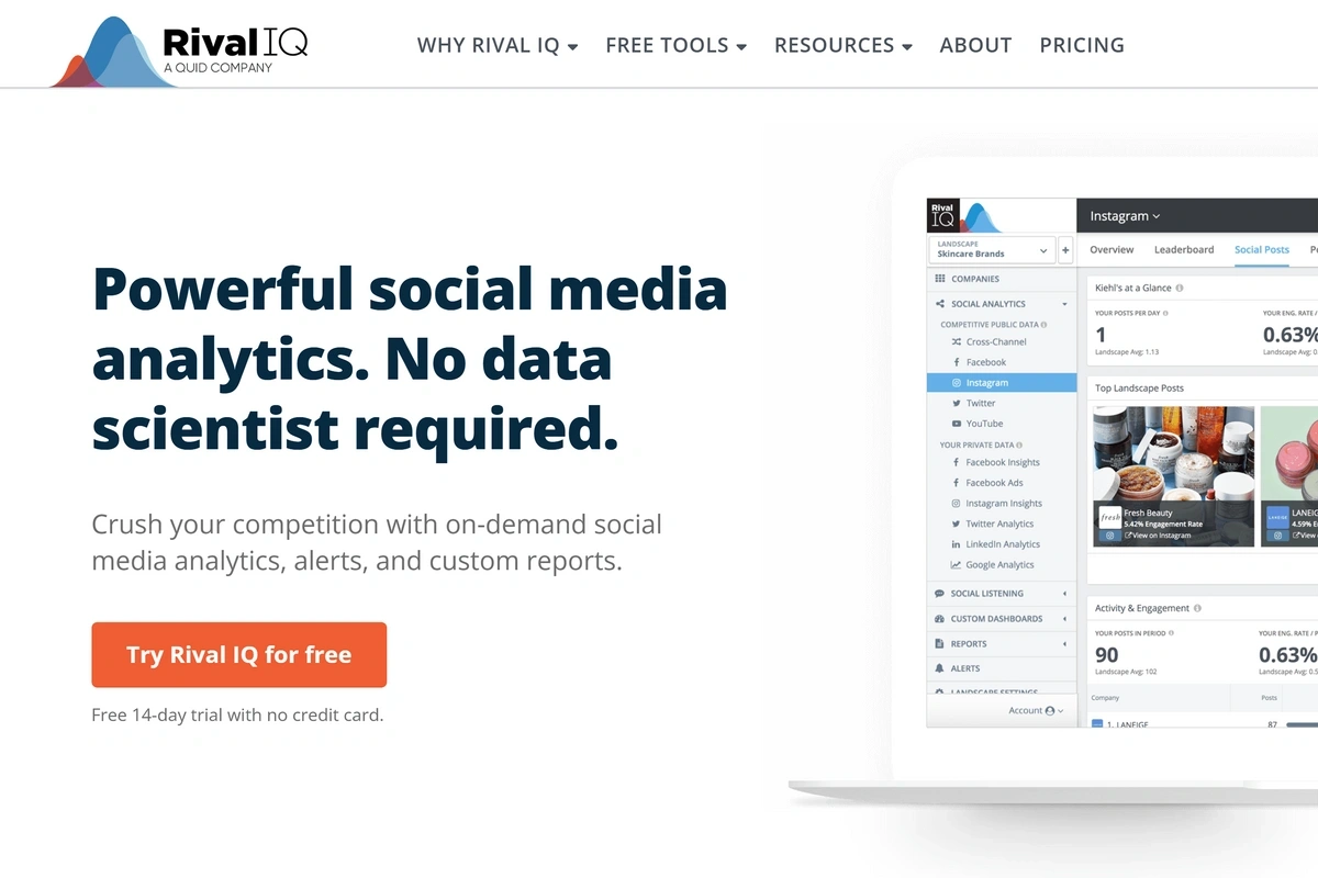 RivalIQ homepage with a computer open to a social media dashboard