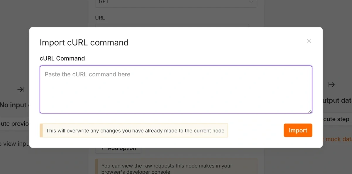 Using the Import curl option to add an API request to an HTTP Request node in n8n