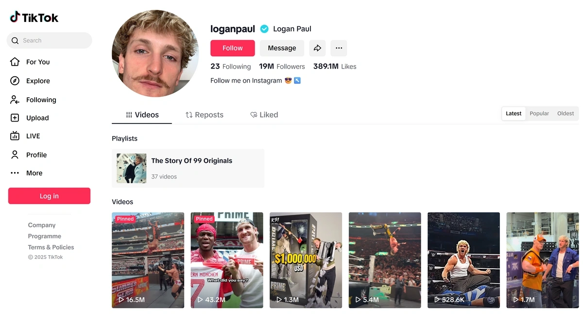 Screenshot of Logan Paul's TikTok page