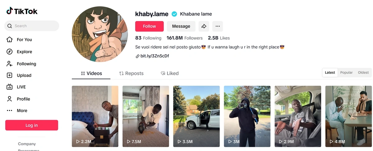 screenshot of Khaby Lame's TikTok page
