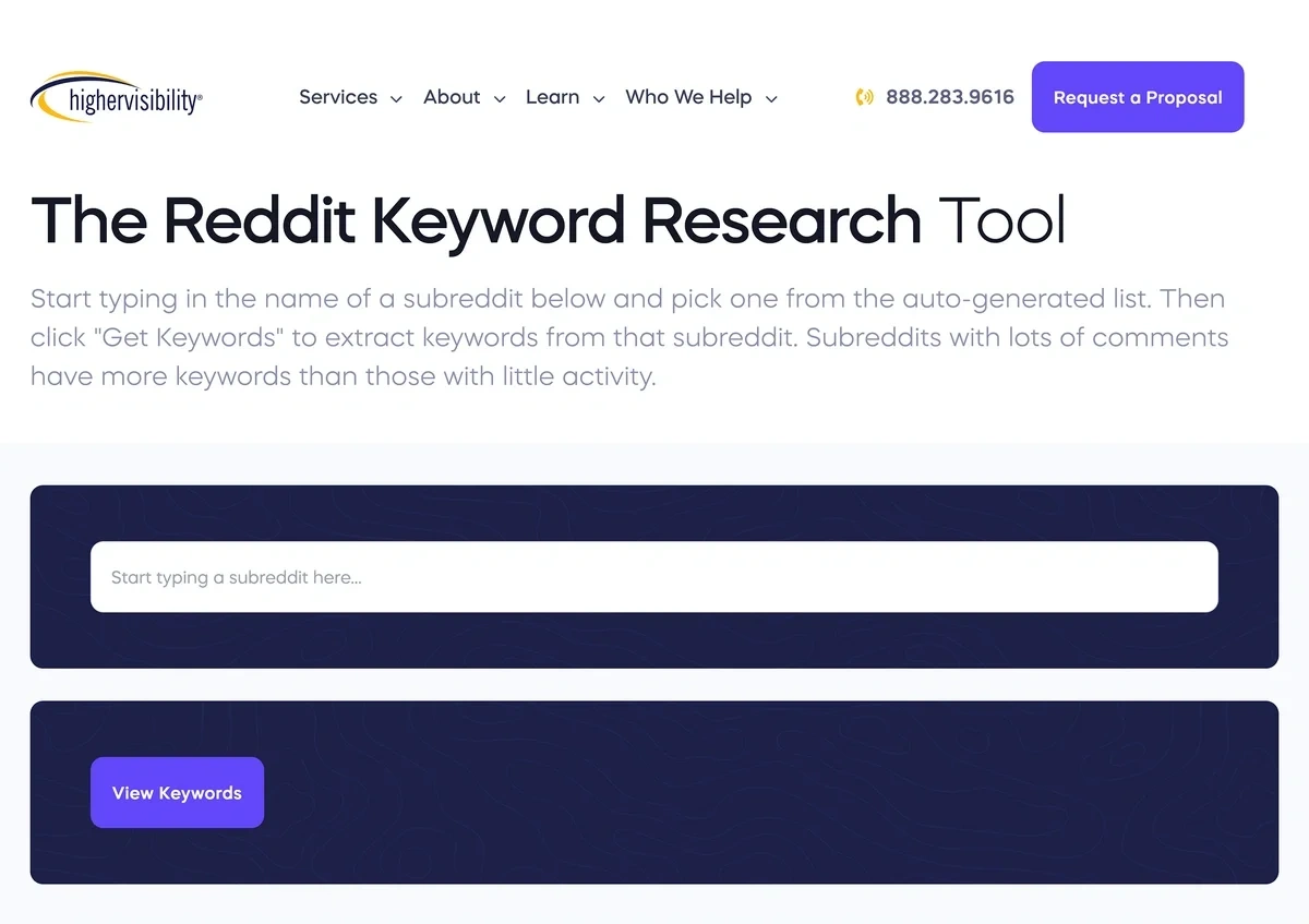 Highervisibility's Reddit Keyword Tool homepage