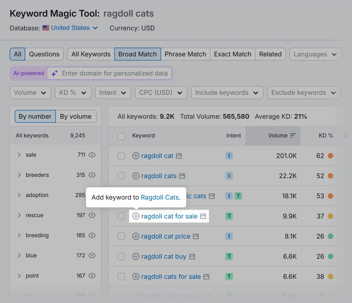 Adding keywords from the Keyword Magic tool to a list in Semrush
