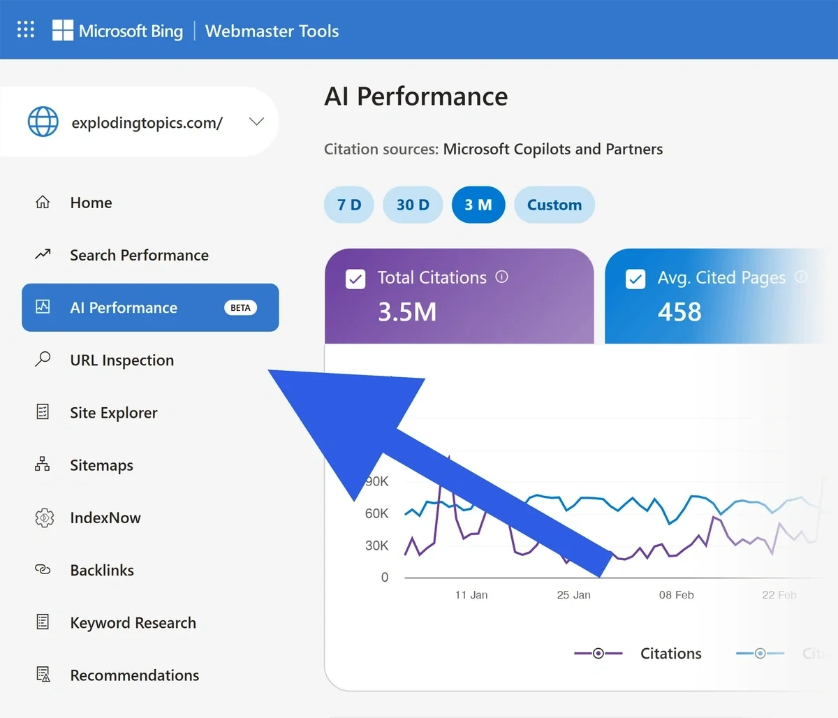 Navigate to the AI Performance tab in Bing Webmaster Tools