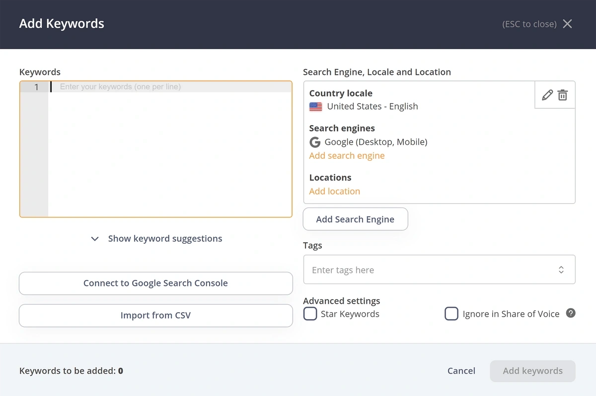 accuranker add keywords screen