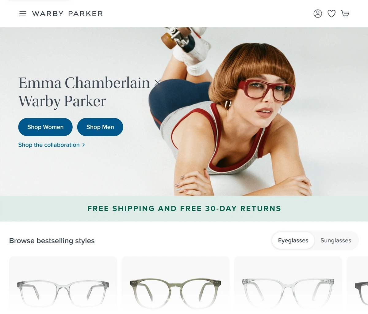 Screenshot of the Warby Parker homepage