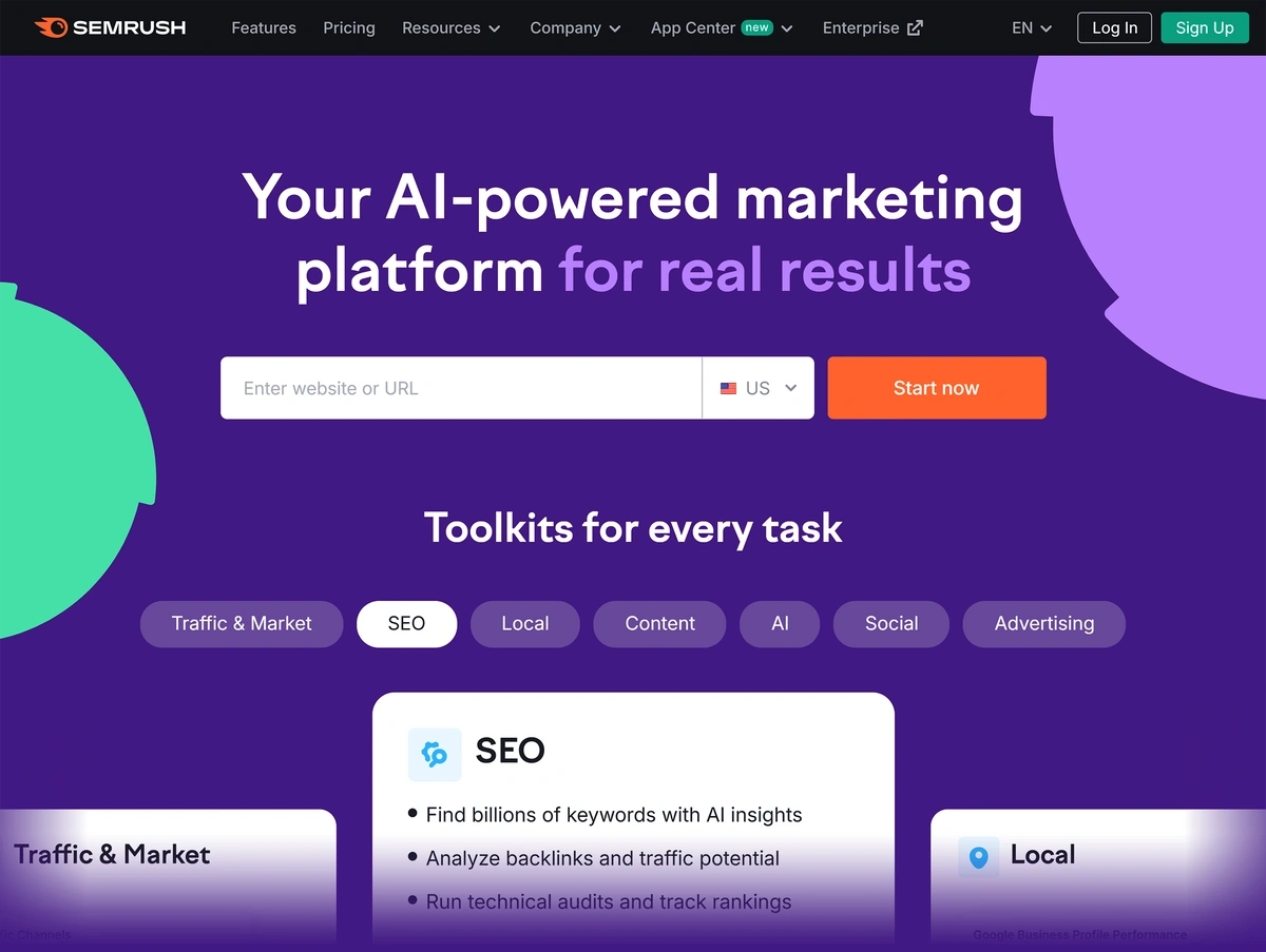 The purple-and-white Semrush homepage advertises an AI powered marketing platform for real results