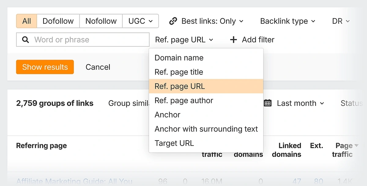 ahrefs referring url filter