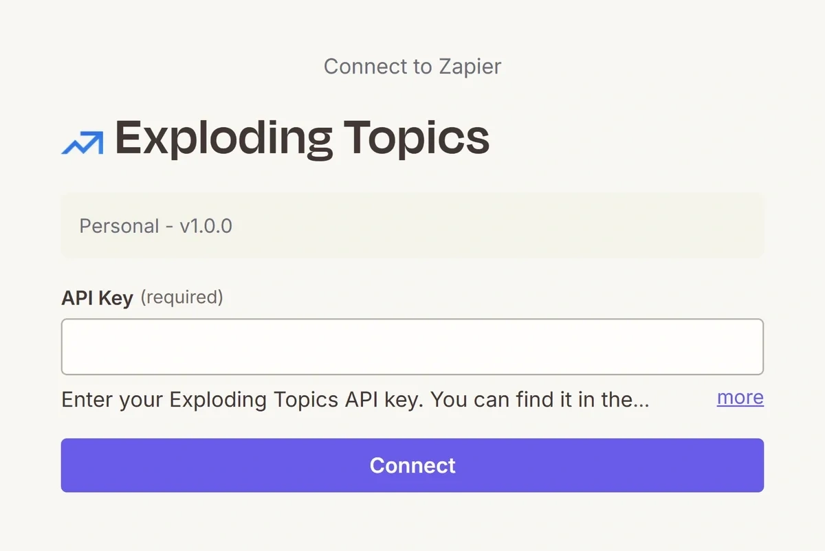 Exploding Topics Connect to Zapier popup window