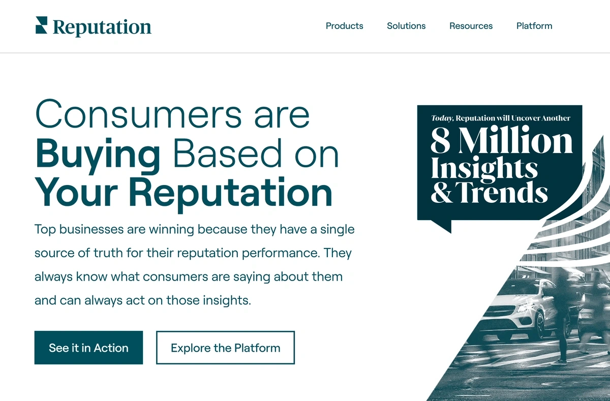 Reputation.com homepage stating they collect 8 million insights and trends