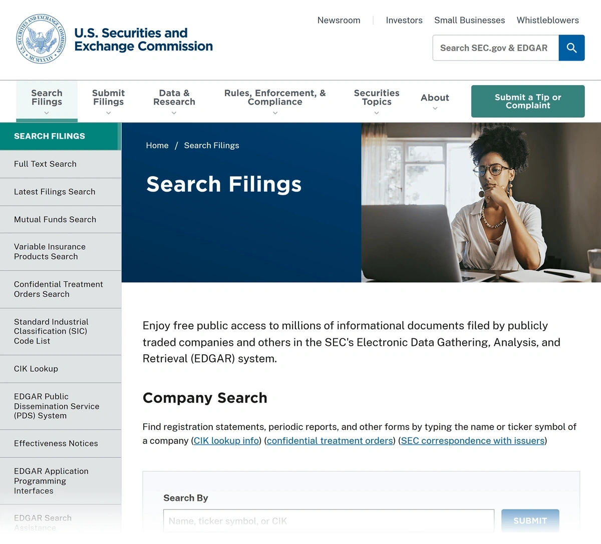 Example of SEC.gov search filings page