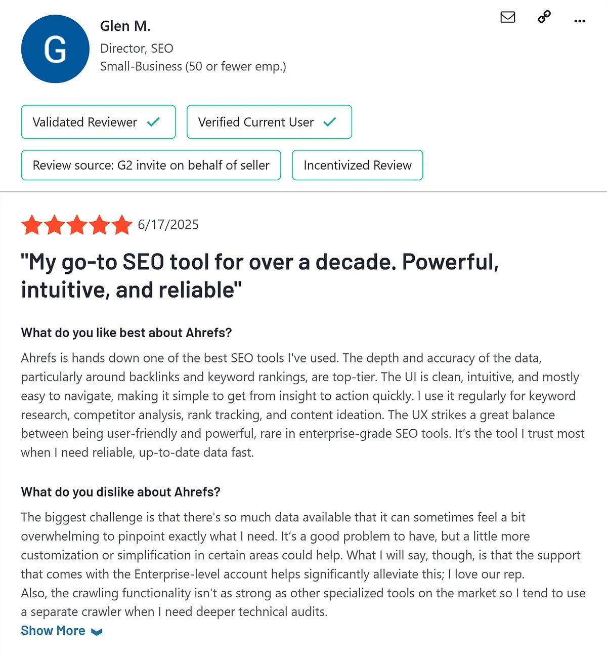 A five-star review for Ahrefs from G2