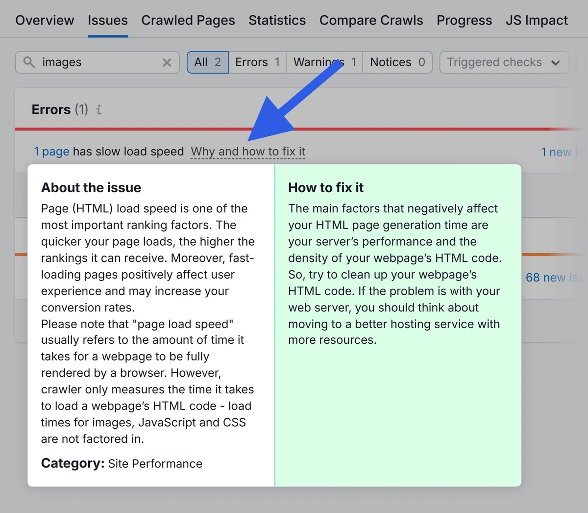 A Semrush issues report with tips for fixing problems