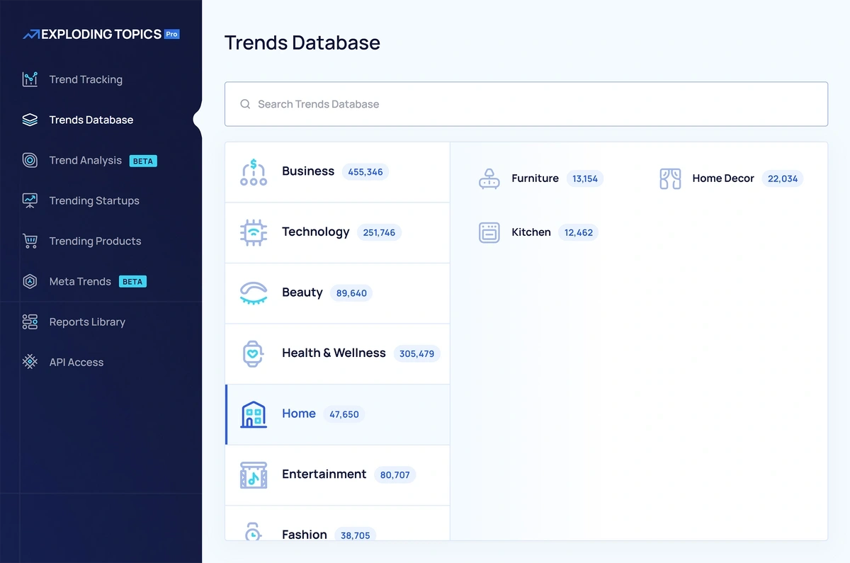 Trends Database in Exploding Topics Pro