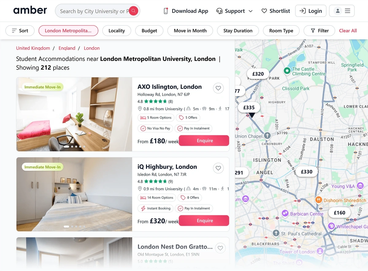 A map of London and available apartments for students on Amber