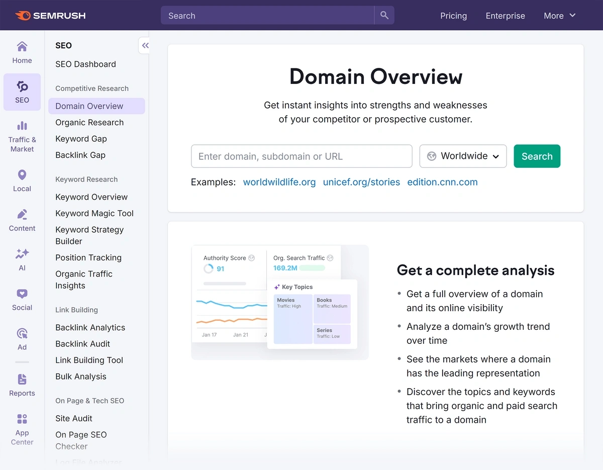 The Semrush Domain Overview tool landing page.
