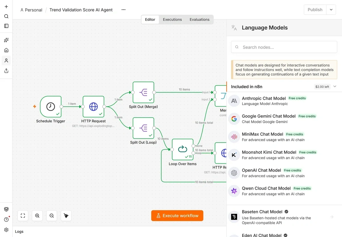 Selecting a model for an n8n AI Agent node