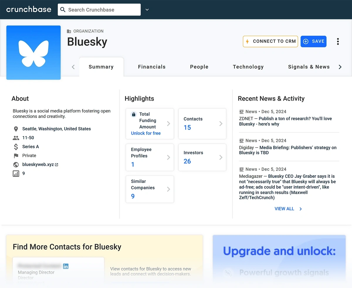 A Crunchbase company profile page for Bluesky