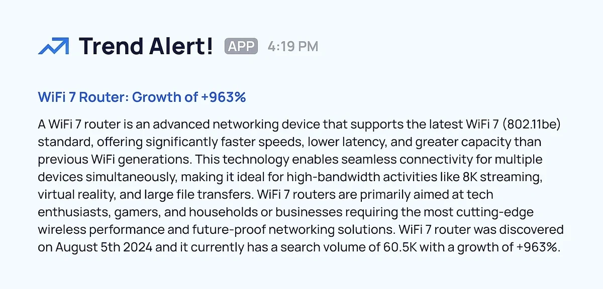 Example of trend alerts using the Exploding Topics API