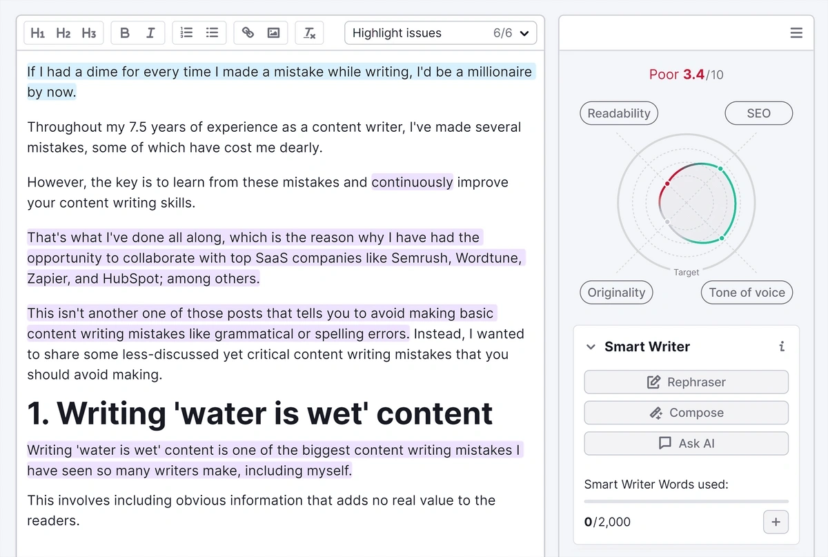 Semrush SEO Writing Assitant in use