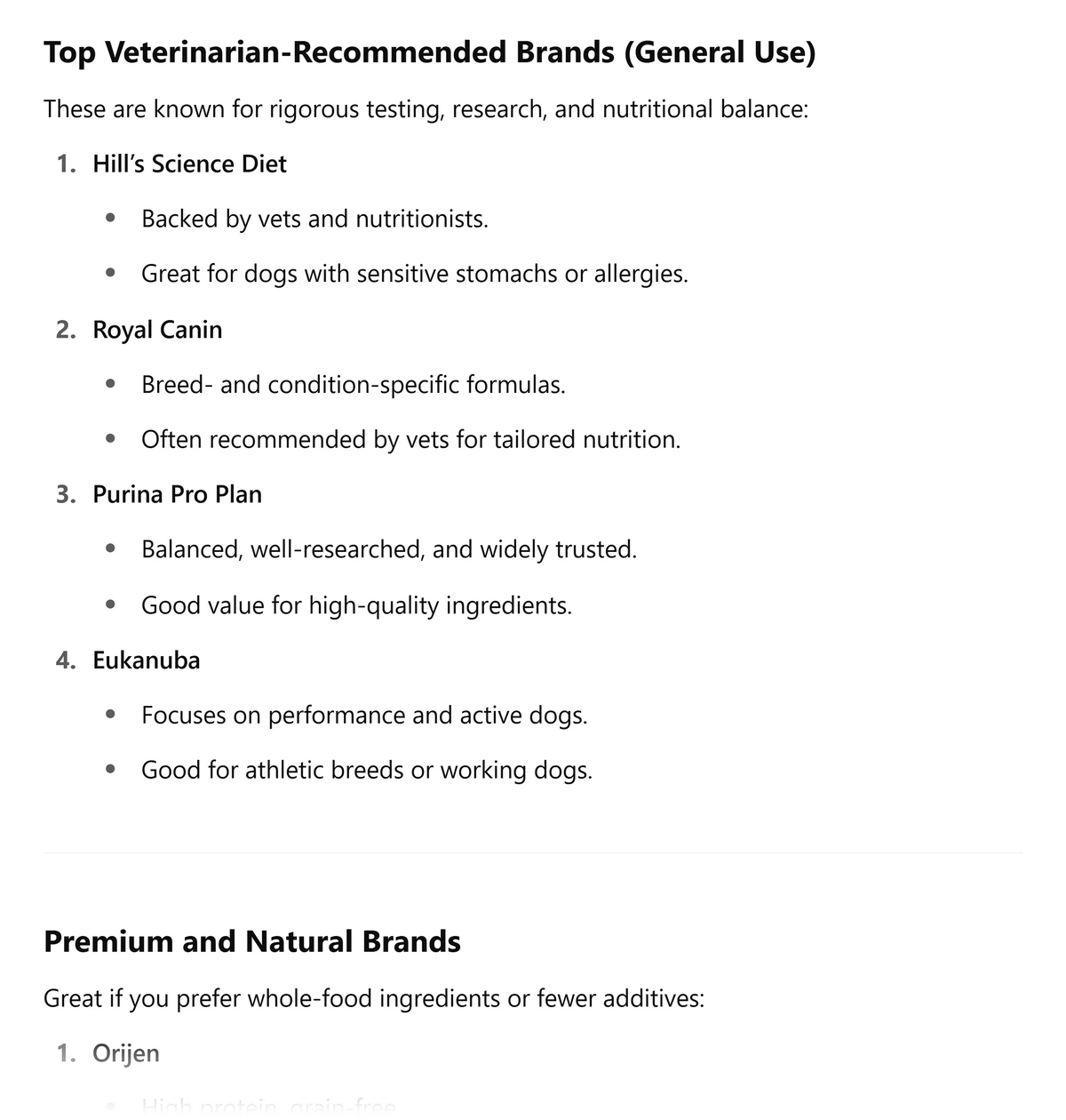 ChatGPT dog food example results