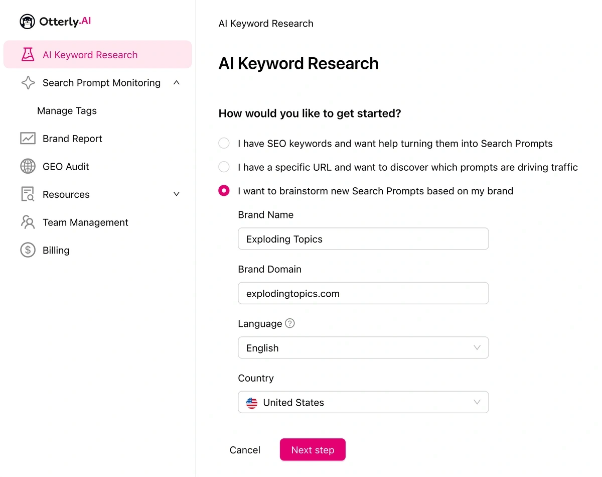 The Otterly.ai keyword research setup tool