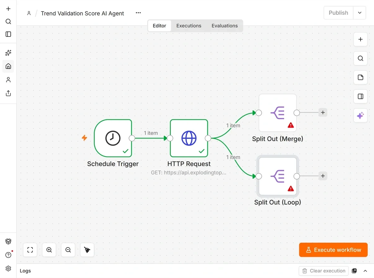 n8n workflow with two Split Out nodes