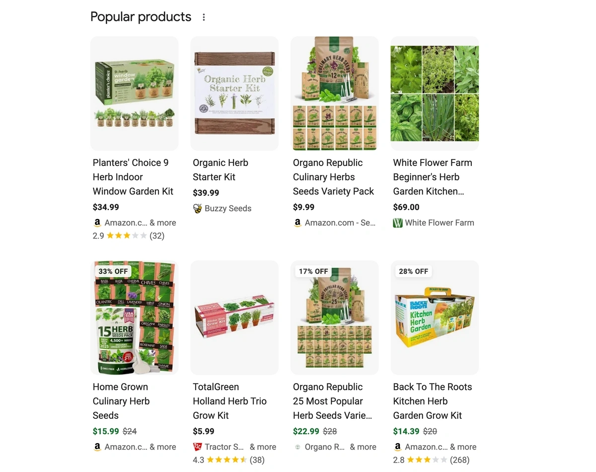 Example of popular products SERP feature in Google
