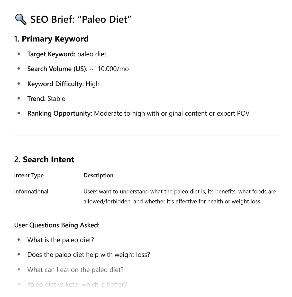ChatGPT generated SEO brief for an example topic
