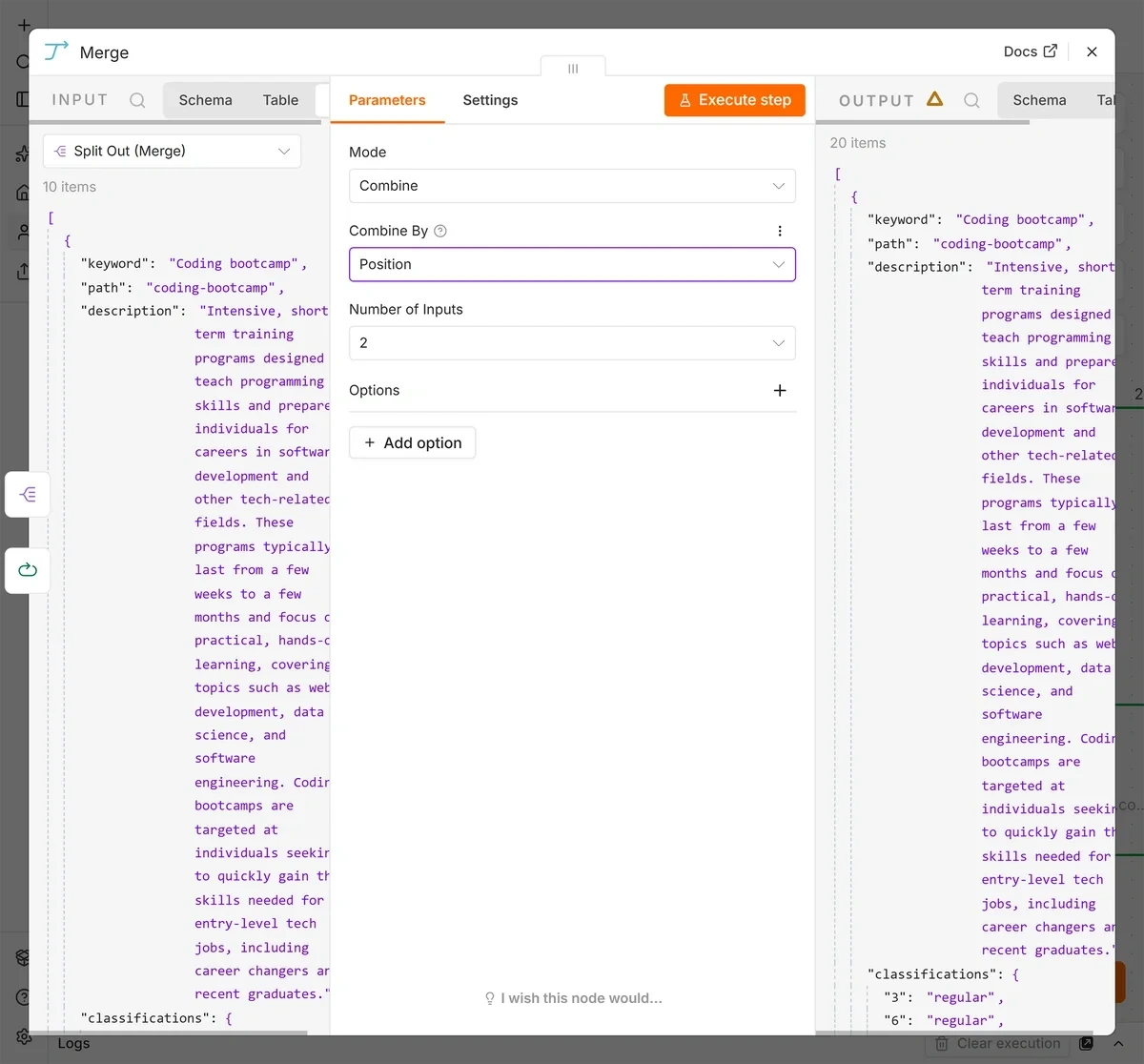 Configuring a Merge node in n8n