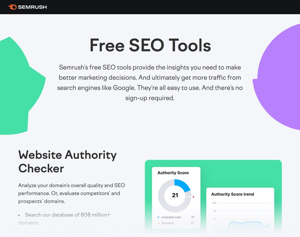 Semrush free SEO tools page