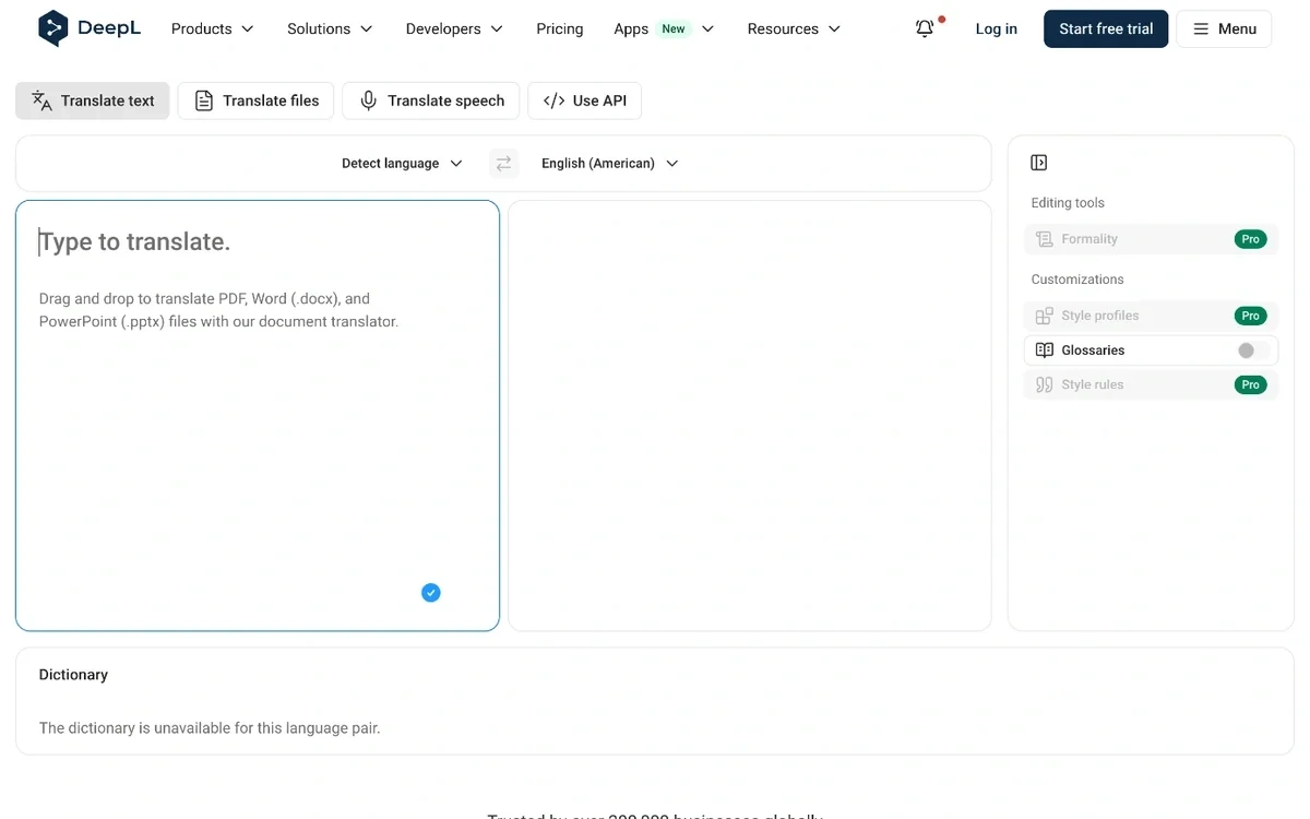 Screenshot of the DeepL Translator homepage