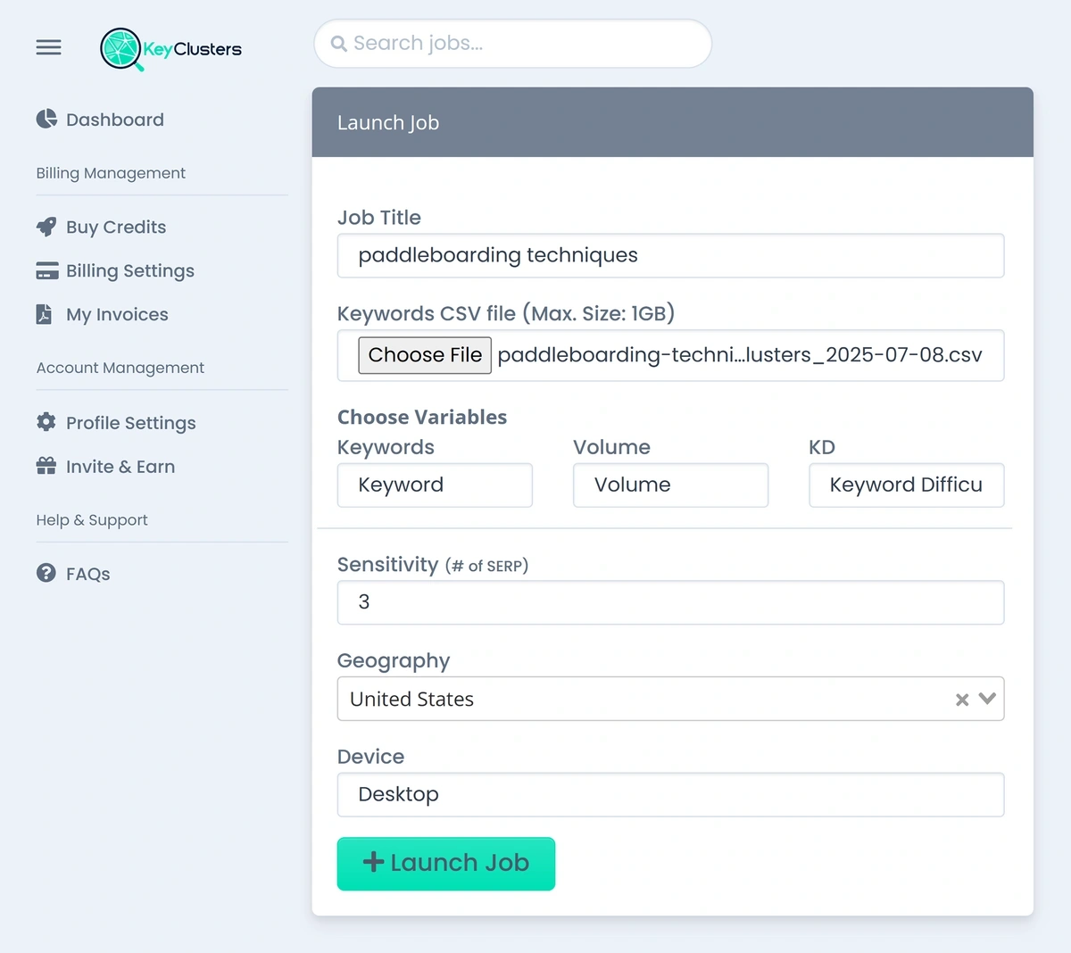 Uploading a keyword list to KeyClusters to create keyword groups