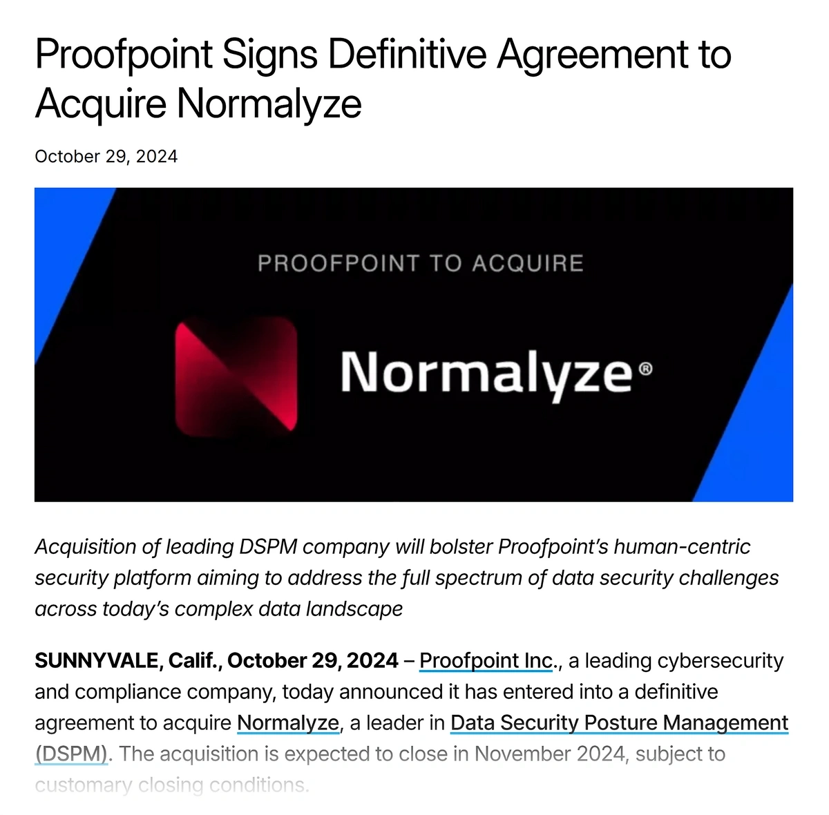 Normalyze statement on its acquisition by Proofpoint