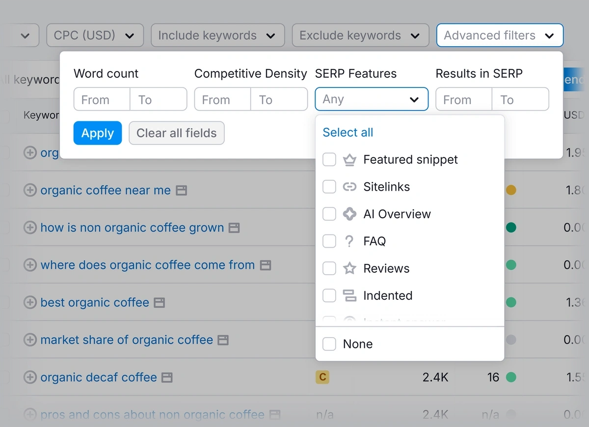 The SERP Features advanced filter in the Semrush Keyword Magic tool