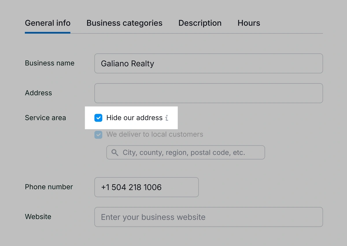 The Semrush Listing Management Tool's "Hide Our Address" box is highlighted.