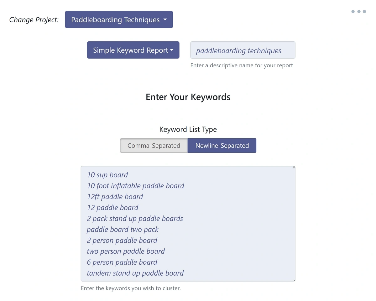 Adding a keyword list to a report in Keyword Cupid